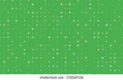 Seamless background pattern of evenly spaced white biohazard symbols of different sizes and opacity. Vector illustration on green background with stars
