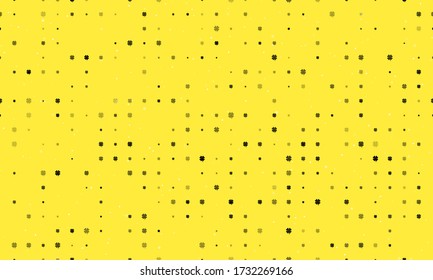 Seamless background pattern of evenly spaced black four-leaf clover symbols of different sizes and opacity. Vector illustration on yellow background with stars