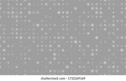 Seamless background pattern of evenly spaced white atomic symbols of different sizes and opacity. Vector illustration on grey background with stars