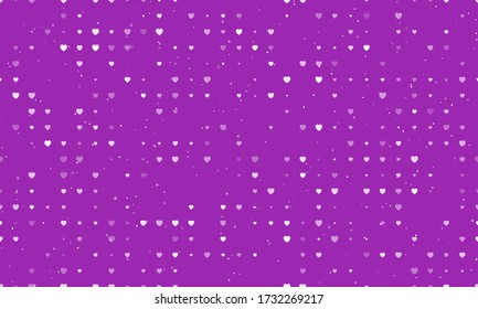 Seamless background pattern of evenly spaced white hearts of different sizes and opacity. Vector illustration on purple background with stars