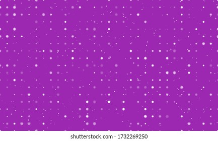 Seamless background pattern of evenly spaced white coronavirus symbols of different sizes and opacity. Vector illustration on purple background with stars