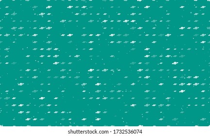 Seamless background pattern of evenly spaced white saturn symbols of different sizes and opacity. Vector illustration on teal background with stars