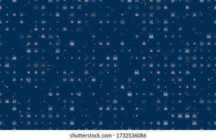 Seamless background pattern of evenly spaced white skulls of different sizes and opacity. Vector illustration on dark blue background with stars