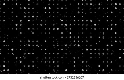 Seamless background pattern of evenly spaced white car wheel symbols of different sizes and opacity. Vector illustration on black background with stars
