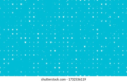 Seamless background pattern of evenly spaced white bell symbols of different sizes and opacity. Vector illustration on cyan background with stars