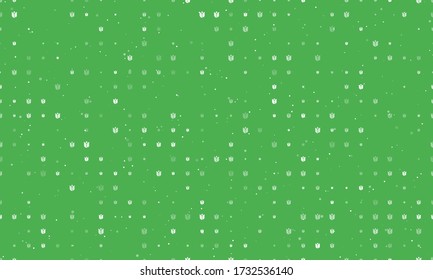 Seamless background pattern of evenly spaced white tulips of different sizes and opacity. Vector illustration on green background with stars