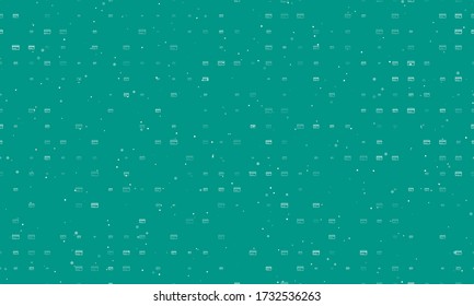 Seamless background pattern of evenly spaced white credit card symbols of different sizes and opacity. Vector illustration on teal background with stars
