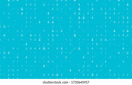 Seamless background pattern of evenly spaced white sea anchor symbols of different sizes and opacity. Vector illustration on cyan background with stars