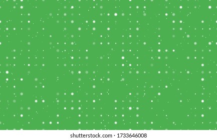 Seamless background pattern of evenly spaced white coronavirus symbols of different sizes and opacity. Vector illustration on green background with stars