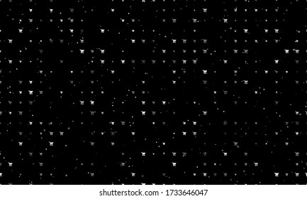 Seamless background pattern of evenly spaced white shopping cart symbols of different sizes and opacity. Vector illustration on black background with stars