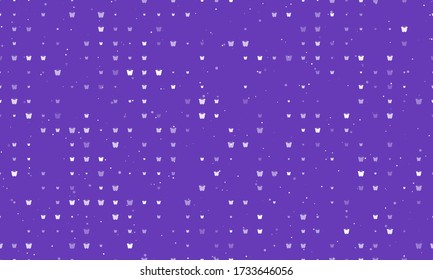 Seamless background pattern of evenly spaced white butterfly symbols of different sizes and opacity. Vector illustration on deep purple background with stars