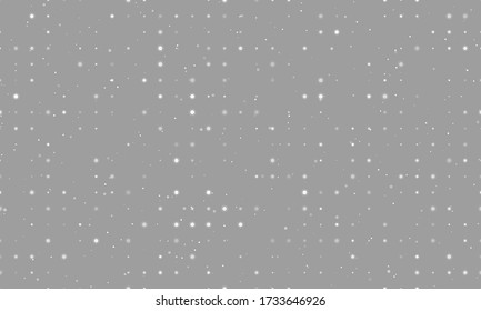 Seamless background pattern of evenly spaced white suns of different sizes and opacity. Vector illustration on grey background with stars