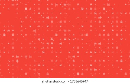 Seamless background pattern of evenly spaced white skulls of different sizes and opacity. Vector illustration on red background with stars