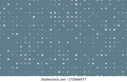 Seamless background pattern of evenly spaced white photo camera symbols of different sizes and opacity. Vector illustration on blue grey background with stars