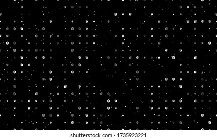 Seamless background pattern of evenly spaced white tulips of different sizes and opacity. Vector illustration on black background with stars