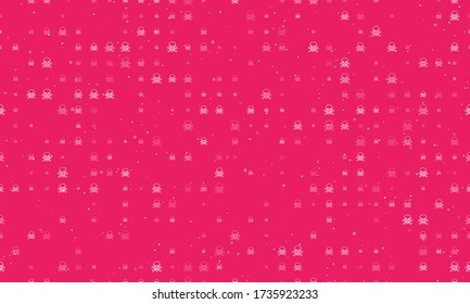 Seamless background pattern of evenly spaced white skulls of different sizes and opacity. Vector illustration on pink background with stars
