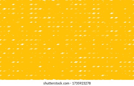 Seamless background pattern of evenly spaced white saturn symbols of different sizes and opacity. Vector illustration on amber background with stars