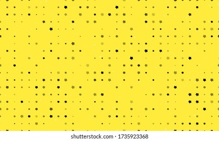 Seamless background pattern of evenly spaced black forget-me-not flowers of different sizes and opacity. Vector illustration on yellow background with stars