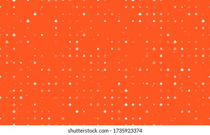 Seamless background pattern of evenly spaced white clubs of different sizes and opacity. Vector illustration on deep orange background with stars