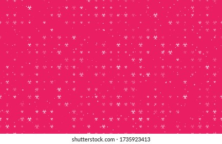 Seamless background pattern of evenly spaced white biohazard symbols of different sizes and opacity. Vector illustration on pink background with stars