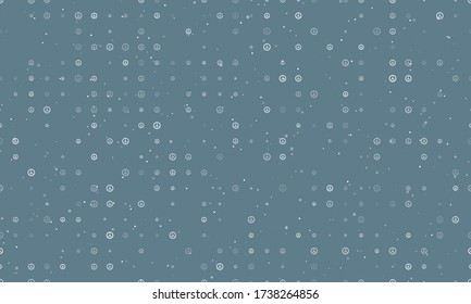 Seamless background pattern of evenly spaced white peace symbols of different sizes and opacity. Vector illustration on blue grey background with stars