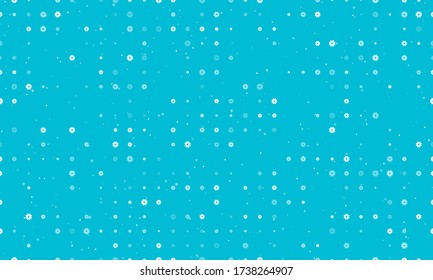 Seamless background pattern of evenly spaced white gear symbols of different sizes and opacity. Vector illustration on cyan background with stars