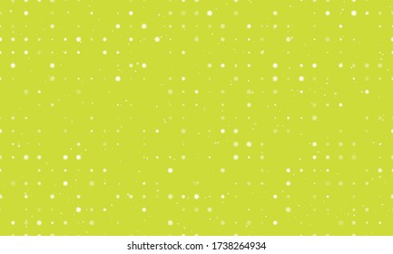 Seamless background pattern of evenly spaced white coronavirus symbols of different sizes and opacity. Vector illustration on lime background with stars