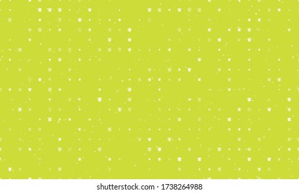 Seamless background pattern of evenly spaced white bell symbols of different sizes and opacity. Vector illustration on lime background with stars