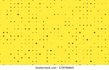 Seamless background pattern of evenly spaced black wheel symbols of different sizes and opacity. Vector illustration on yellow background with stars