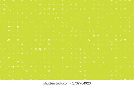 Seamless background pattern of evenly spaced white radiation symbols of different sizes and opacity. Vector illustration on lime background with stars