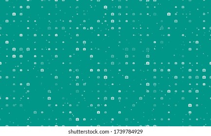 Seamless background pattern of evenly spaced white photo camera symbols of different sizes and opacity. Vector illustration on teal background with stars