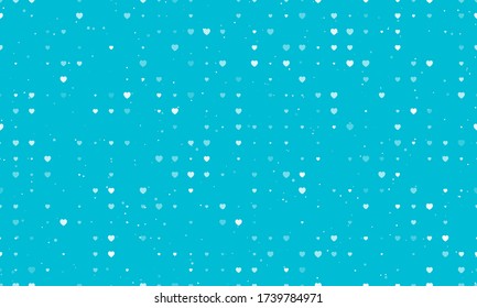 Seamless background pattern of evenly spaced white hearts of different sizes and opacity. Vector illustration on cyan background with stars