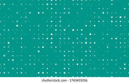 Seamless background pattern of evenly spaced white geraniums of different sizes and opacity. Vector illustration on teal background with stars