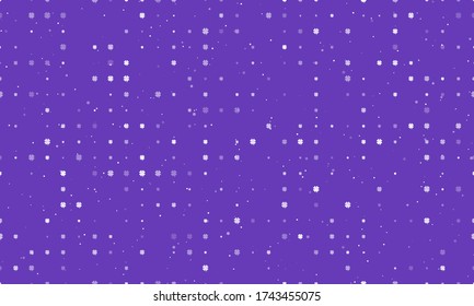 Seamless background pattern of evenly spaced white four-leaf clover symbols of different sizes and opacity. Vector illustration on deep purple background with stars