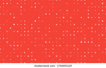 Seamless background pattern of evenly spaced white bell symbols of different sizes and opacity. Vector illustration on red background with stars