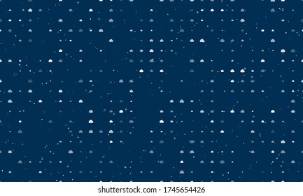 Seamless background pattern of evenly spaced white cloud symbols of different sizes and opacity. Vector illustration on dark blue background with stars