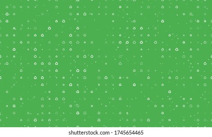 Seamless background pattern of evenly spaced white recycling symbols of different sizes and opacity. Vector illustration on green background with stars