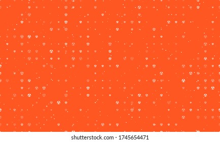 Seamless background pattern of evenly spaced white radiation symbols of different sizes and opacity. Vector illustration on deep orange background with stars