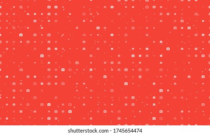 Seamless background pattern of evenly spaced white photo camera symbols of different sizes and opacity. Vector illustration on red background with stars