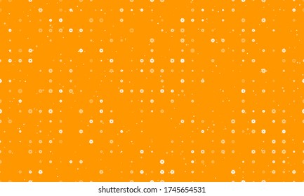 Seamless background pattern of evenly spaced white gear symbols of different sizes and opacity. Vector illustration on orange background with stars
