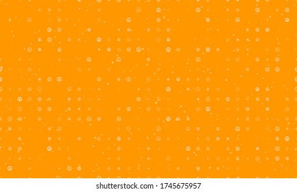 Seamless background pattern of evenly spaced white peace symbols of different sizes and opacity. Vector illustration on orange background with stars