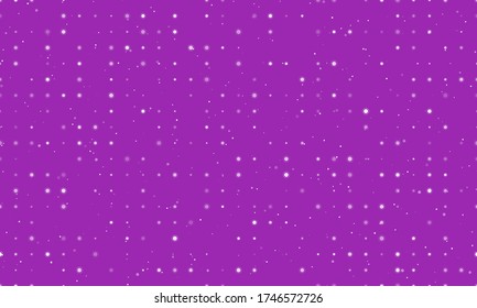 Seamless background pattern of evenly spaced white suns of different sizes and opacity. Vector illustration on purple background with stars
