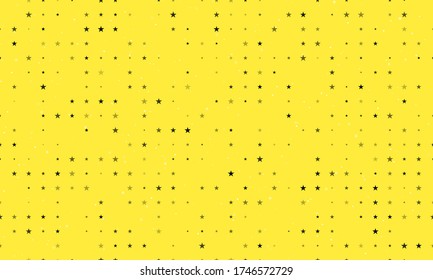 Seamless background pattern of evenly spaced black star symbols of different sizes and opacity. Vector illustration on yellow background with stars