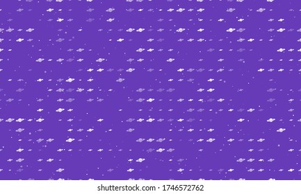 Seamless background pattern of evenly spaced white saturn symbols of different sizes and opacity. Vector illustration on deep purple background with stars