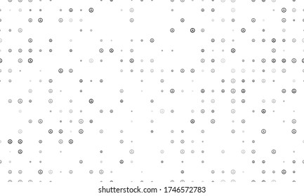 Seamless background pattern of evenly spaced black peace symbols of different sizes and opacity. Vector illustration on white background