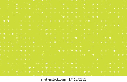 Seamless background pattern of evenly spaced white hearts of different sizes and opacity. Vector illustration on lime background with stars