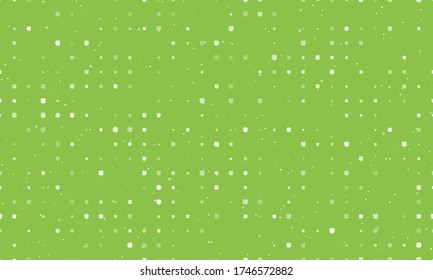 Seamless background pattern of evenly spaced white four-leaf clover symbols of different sizes and opacity. Vector illustration on light green background with stars