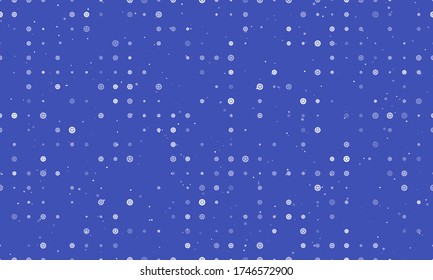 Seamless background pattern of evenly spaced white car wheel symbols of different sizes and opacity. Vector illustration on indigo background with stars