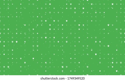 Seamless background pattern of evenly spaced white bell symbols of different sizes and opacity. Vector illustration on green background with stars