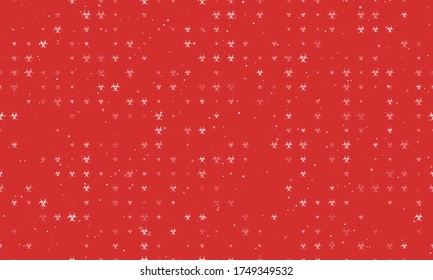 Seamless background pattern of evenly spaced white biohazard symbols of different sizes and opacity. Vector illustration on red background with stars